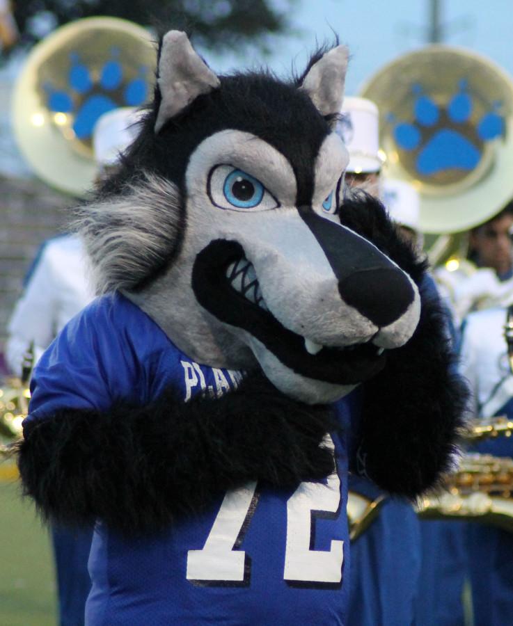 Wes the Wolf pictured at Plano West vs. Plano East game.