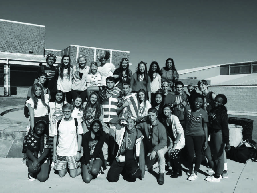 A group of students donning their patriotic colors the week of homecoming.