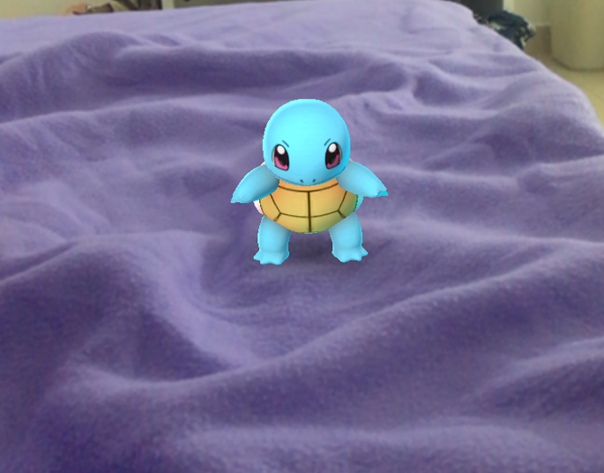 A wild Squirtle appears on a staffer's bed.