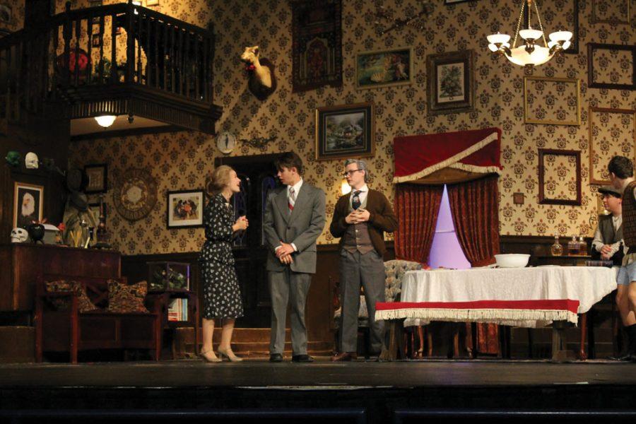 Rehearsing on stage, theatre students Megan Dowell, Alden Yates and Will Essig prepare for the show.