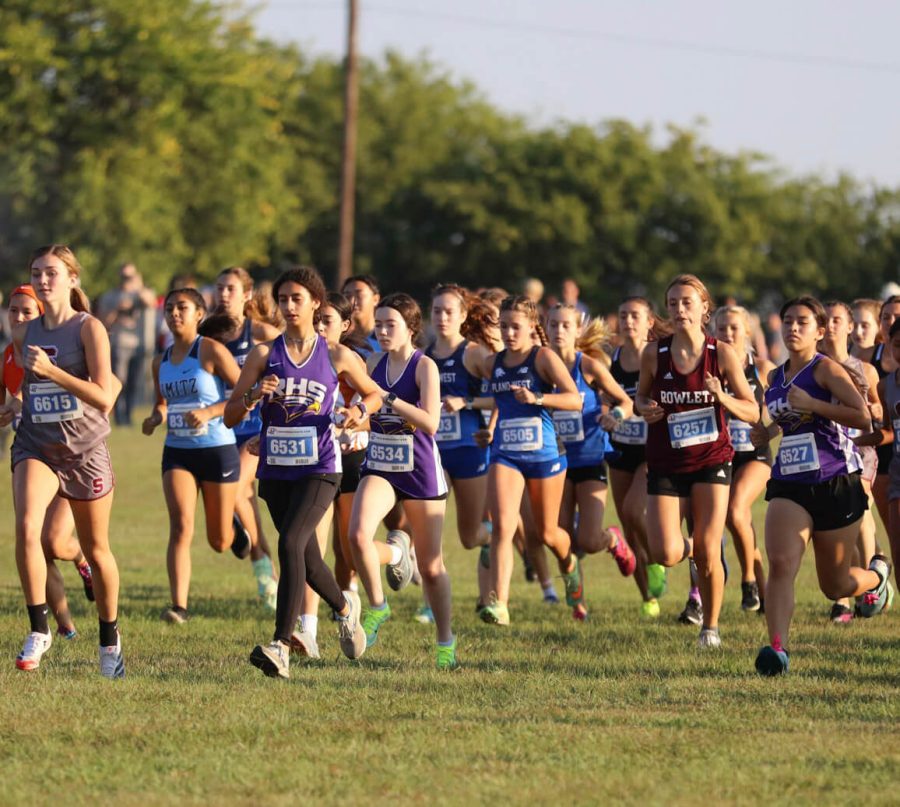 At the sound of the starting gun, the varsity women's race begins.
